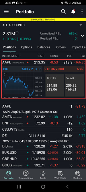 The mini quote details on the android phone